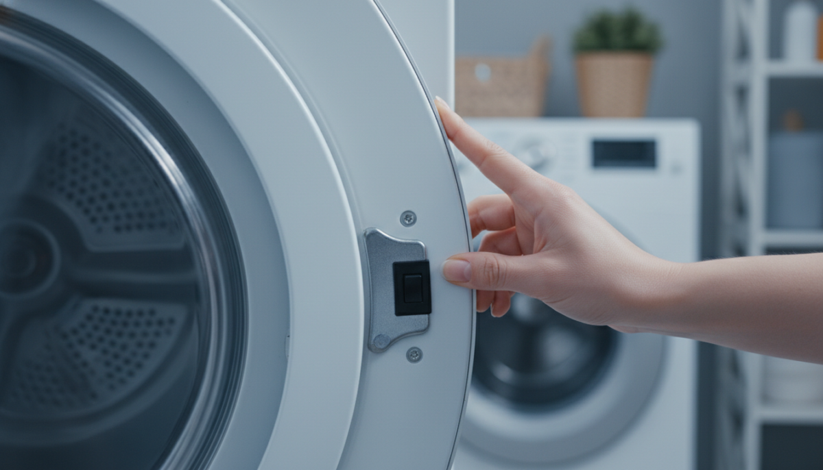 Close-up photograph of a hand pushing the door of a residential clothes dryer closed against the door switch on the cabinet frame