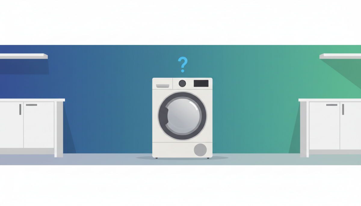 Editorial illustration of a residential clothes dryer in a modern laundry room with a small question mark hovering above the control panel, suggesting a service problem
