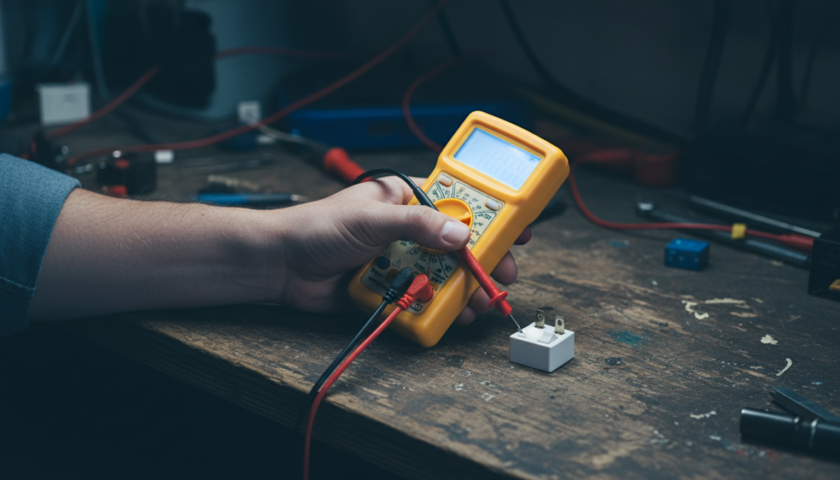 Close-up photograph of a hand holding a yellow digital multimeter with red and black probes touching the terminals of a small electrical switch on a workshop bench