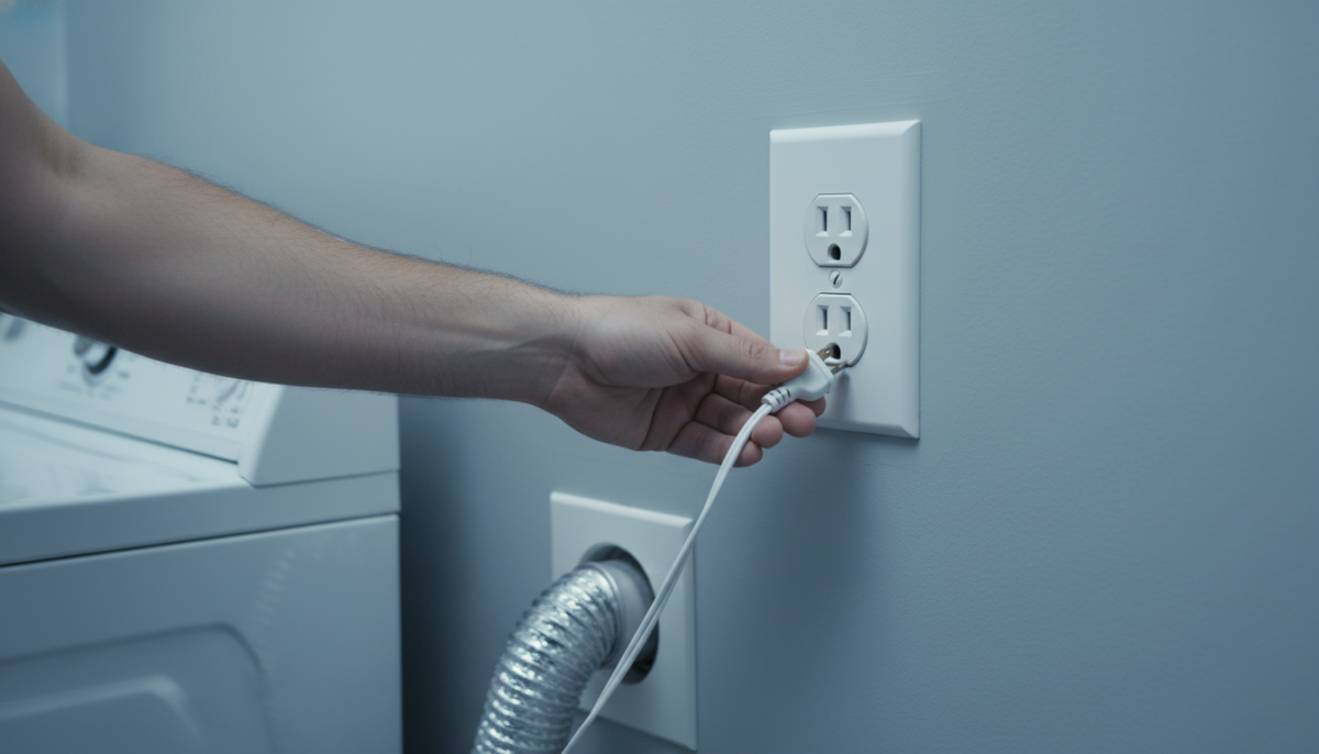 Close-up photograph of a hand plugging a small lamp into a residential dryer outlet to test for power