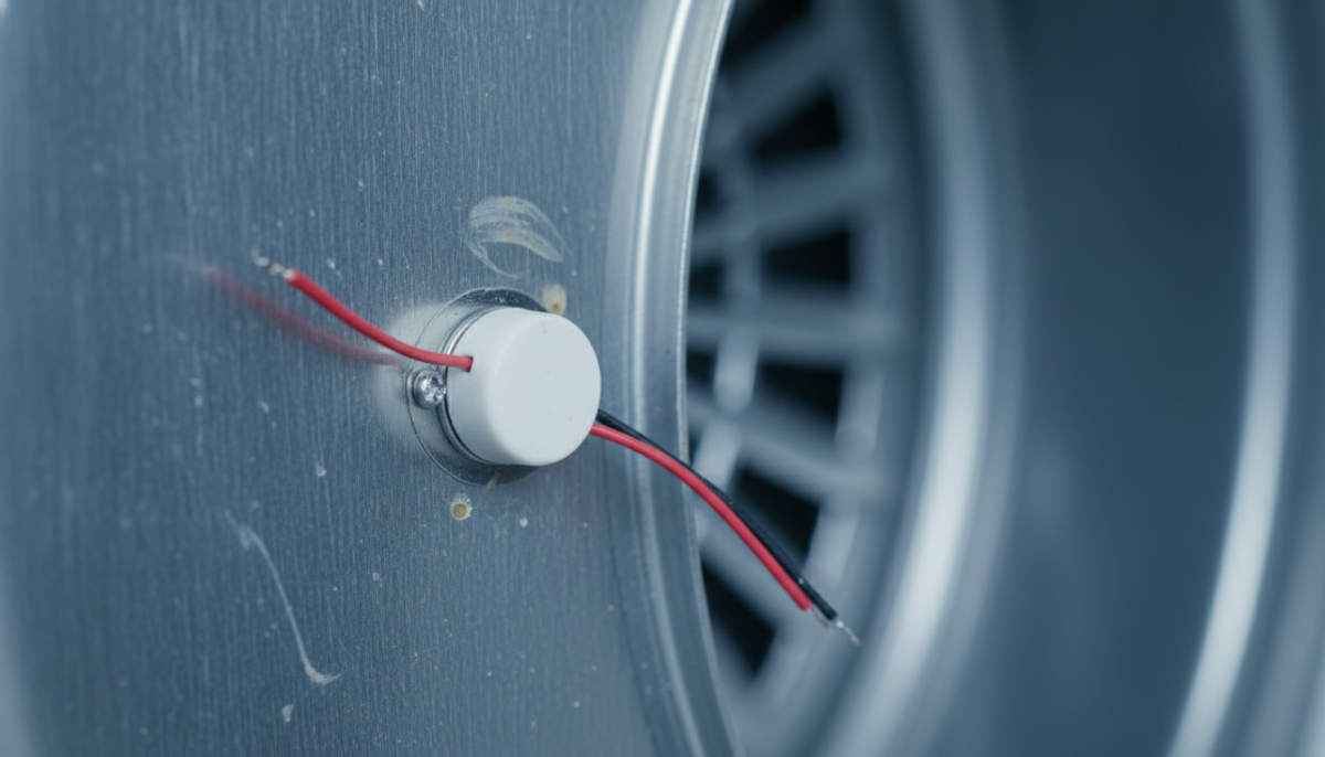 Macro photograph of a small disc-shaped thermal fuse mounted on a dryer's metal blower housing with two thin terminal wires extending from the component