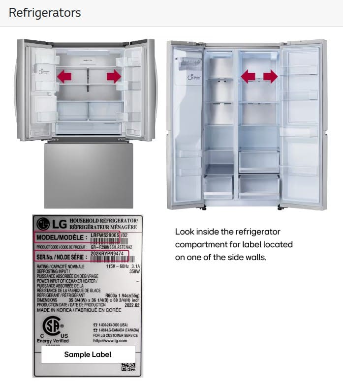 LG refrigerator model and serial number label location