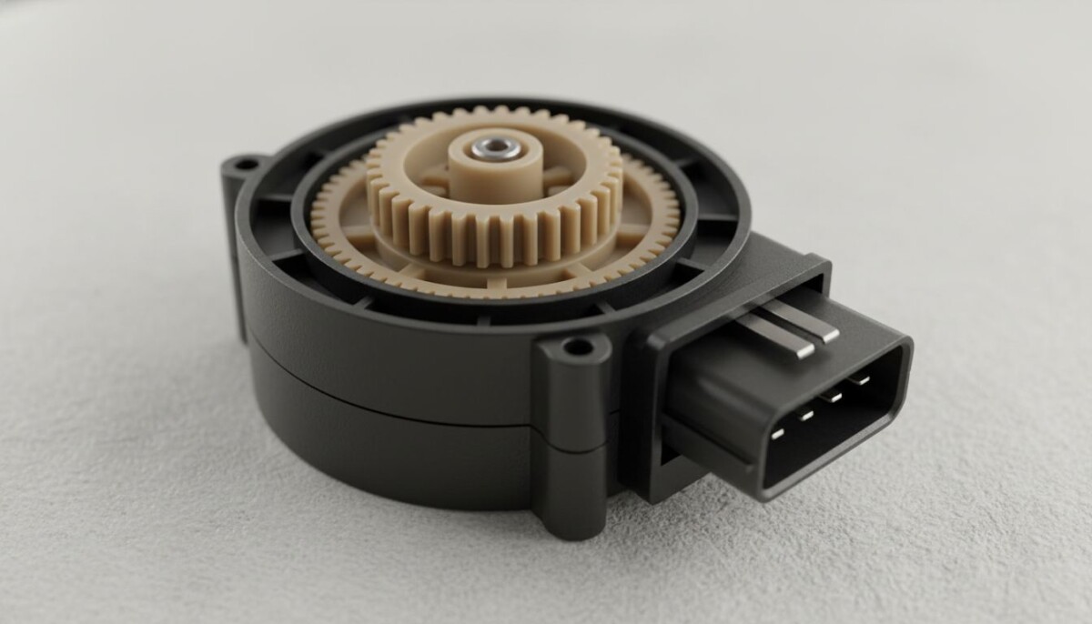 Maytag washer shift actuator assembly with black motor housing, tan polymer gear, and 4-pin connector; the most common Bravos and Centennial sensing failure
