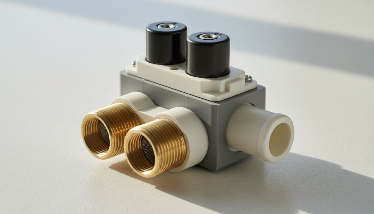 Washing machine dual-port water inlet valve with brass threaded inlets and two solenoid coils; common Maytag washer sensing cycle problem