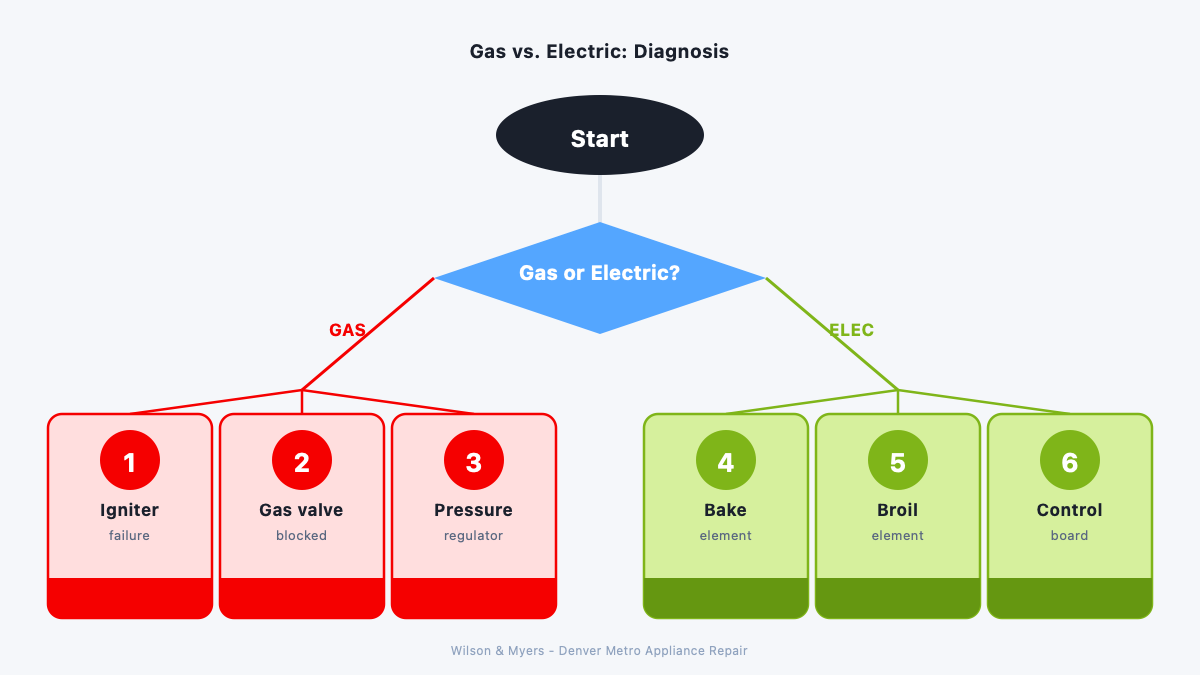 Decision tree for diagnosing oven not heating up: branches by gas vs electric, six numbered causes with DIY vs pro indication