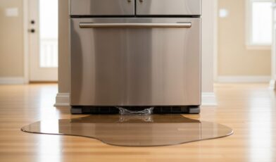 Stainless French door refrigerator with water puddle pooling directly beneath base on hardwood floor, refrigerator leaking water
