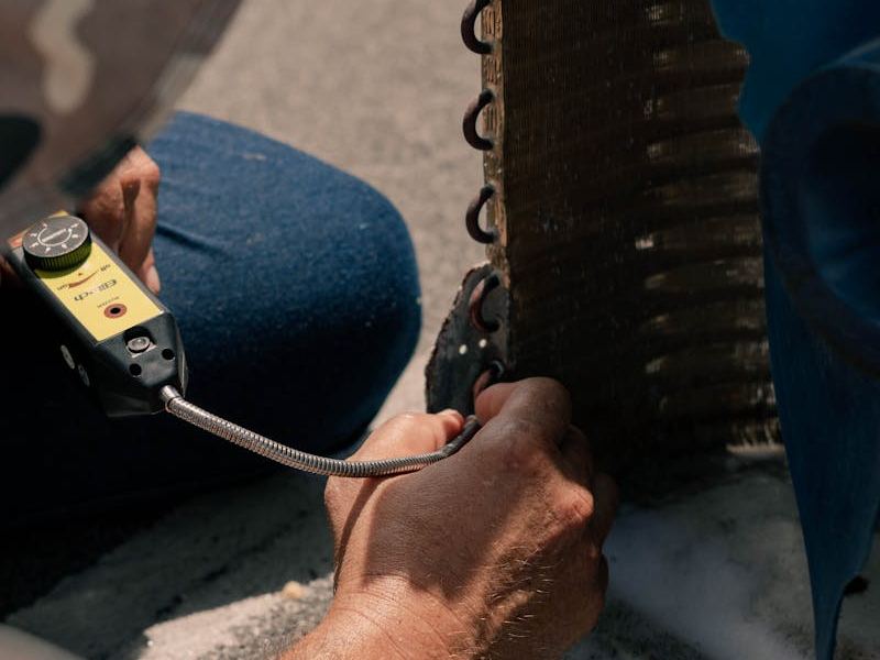 Technician cleaning clogged condenser coil fins on refrigerator unit; Sub-Zero freezer condenser maintenance requires annual cleaning