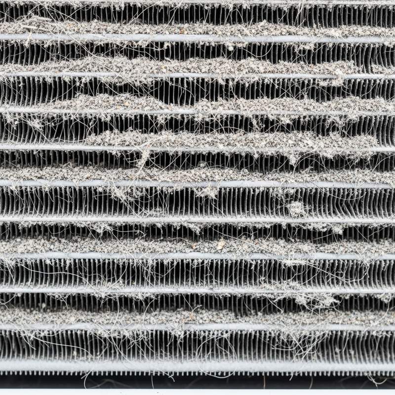Refrigerator condenser coils coated in thick grey dust and lint, showing why a Whirlpool fridge stops cooling