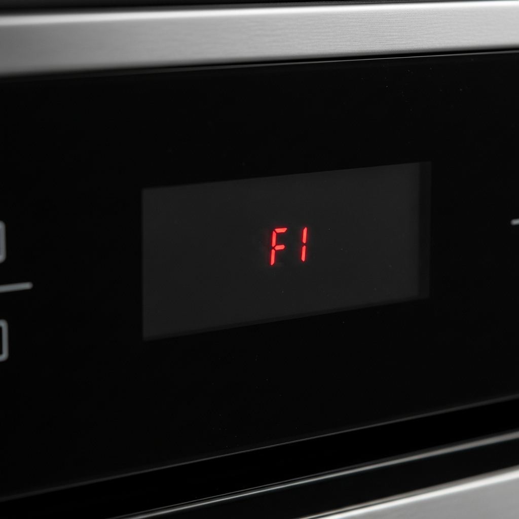 Wolf oven control panel displaying F1 error code in red LED digits, indicating door latch system failure