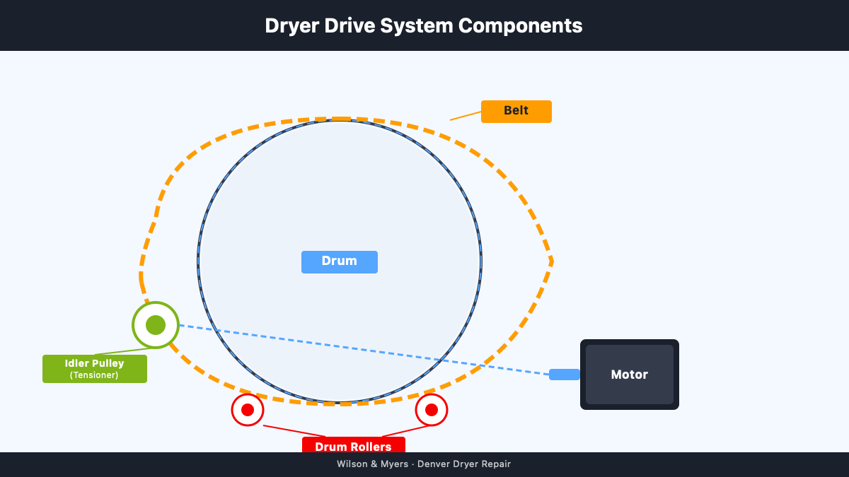 Dryer drive-system component map showing belt, idler pulley, drum rollers, and motor