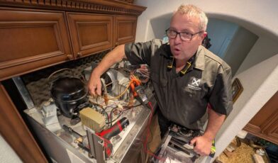 Wilson and Myers technician inspecting the interior of a refrigerator during a Denver Metro appliance repair service call