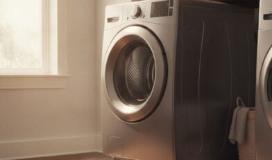 Front-load washing machine in a warm Denver residential laundry room, warm window light on the left, hardwood floor