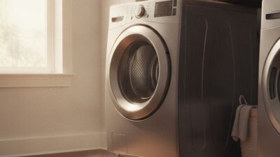 Front-load washing machine in a warm Denver residential laundry room, warm window light on the left, hardwood floor